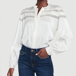 FRAME Lace-Inset Pintuck Silk Blouse